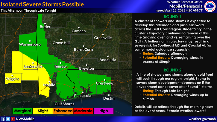 NWSMobile's tweet photo. ⚠️⛈️7am 4/15/23 Update: Strong/severe storms are possible thru late tonight associated with a cluster of storms tracking east this afternoon, and the main frontal line later tonight. Damaging winds in excess of 60mph is the potential threat. Stay tuned for further updates! #mobwx https://t.co/fvWihRxyeA