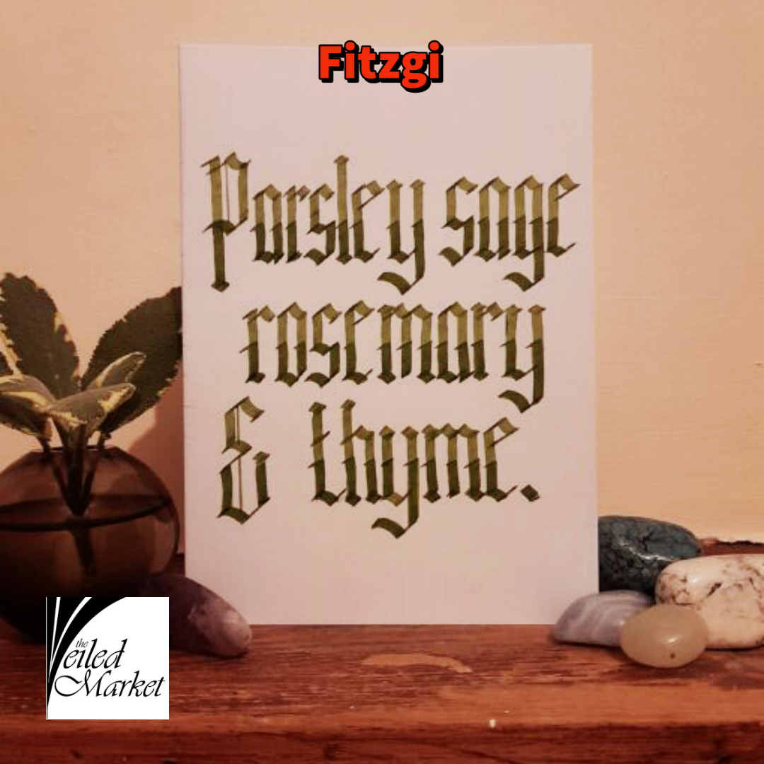 Scarborough Fair hand-drawn calligraphy card £4 P&amp;P - This card features the refrain from the classic folk song hand drawn on a 5″x7″ greetings card (not a reproduction or print). Perfect to send to a friend or keep and display.
veiledmarket.com/product/scarbo…
#MHHSBD #CraftBizParty