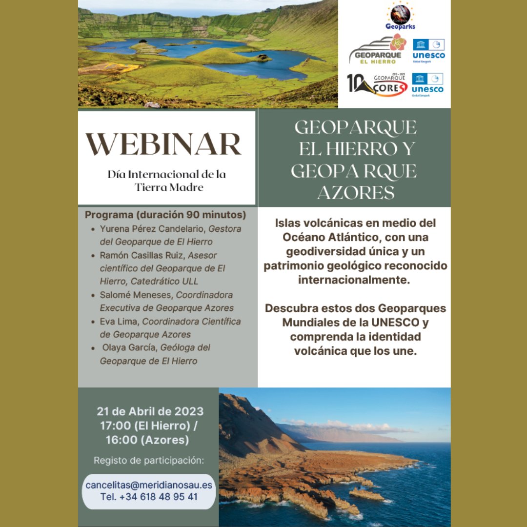 Se vienen webinars para celebrar el #diadelatierra 🌍 
👉jueves 20  "Hablemos de Geoparques". Inscripción bit.ly/MadreTierra23 
👉 viernes 21  Geoparque #ElHierro y <a href="/AzoresGeopark/">Azores Geopark</a> 
Inscripción 📩cancelitas@meridianosau.es o 📲 618 489 541
