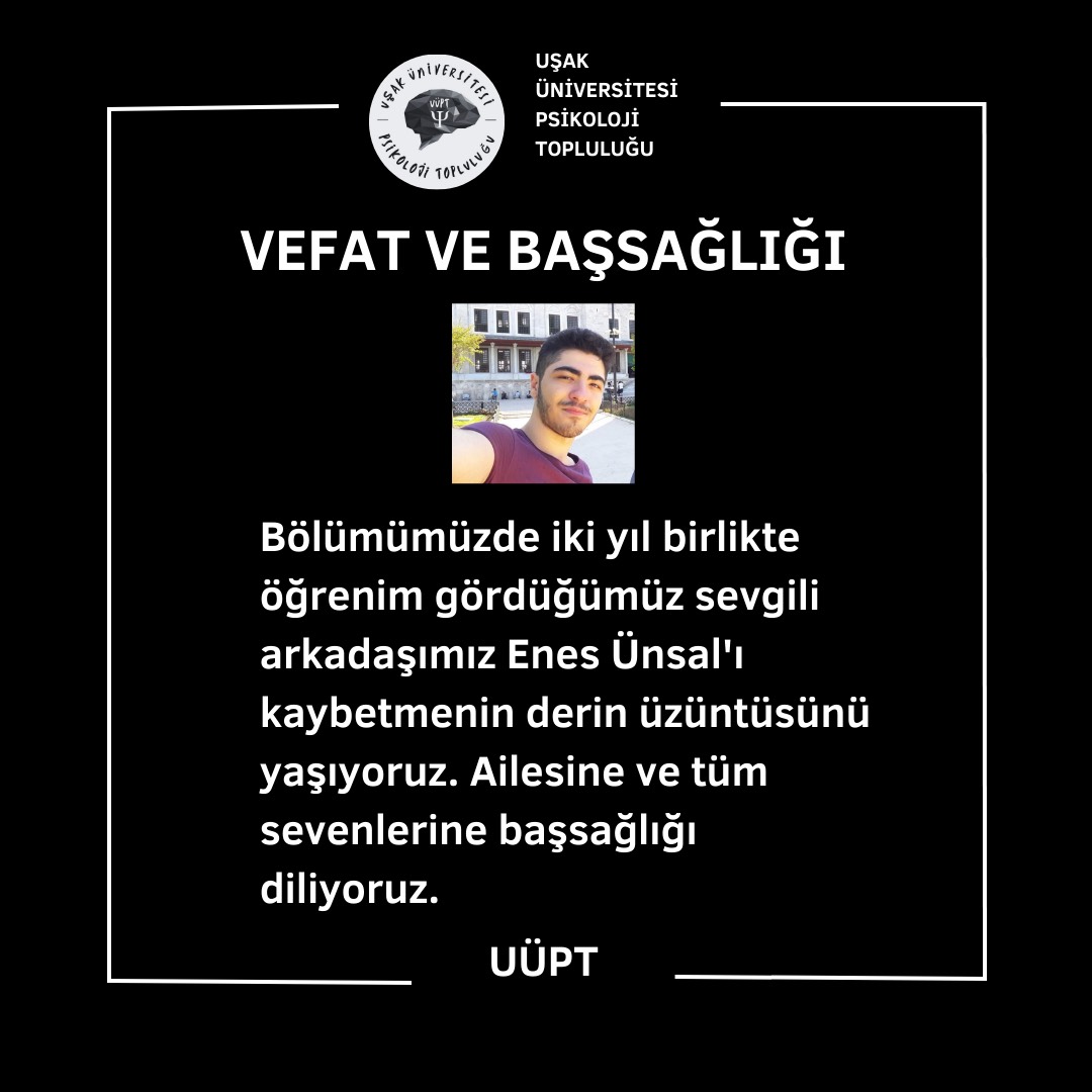Bölümümüzde iki yıl birlikte öğrenim gördüğümüz sevgili arkadaşımız Enes Ünsal'ı kaybetmenin derin üzüntüsünü yaşıyoruz.
Ailesine ve tüm sevenlerine başsağlığı diliyoruz.