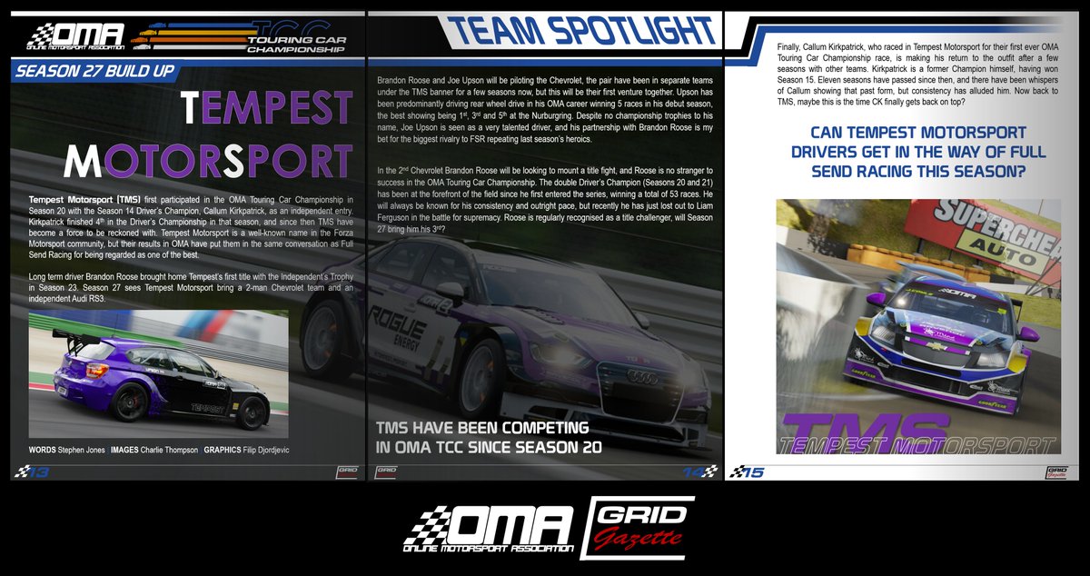 OfficialOMA (@theomaofficial) on Twitter photo The spotlight is on <a href="/Tempest_Msport/">⚡ Tempest Motorsport ⚡</a> for our next team preview!
Credit:
Text: <a href="/S_Ghostly/">Stephen</a>
Pictures: <a href="/CharlieT_PhotoG/">Charlie Thompson</a>
Graphics: Filip Djordjevic The spotlight is on <a href="/Tempest_Msport/">⚡ Tempest Motorsport ⚡</a> for our next team preview!
Credit:
Text: <a href="/S_Ghostly/">Stephen</a>
Pictures: <a href="/CharlieT_PhotoG/">Charlie Thompson</a>
Graphics: Filip Djordjevic
