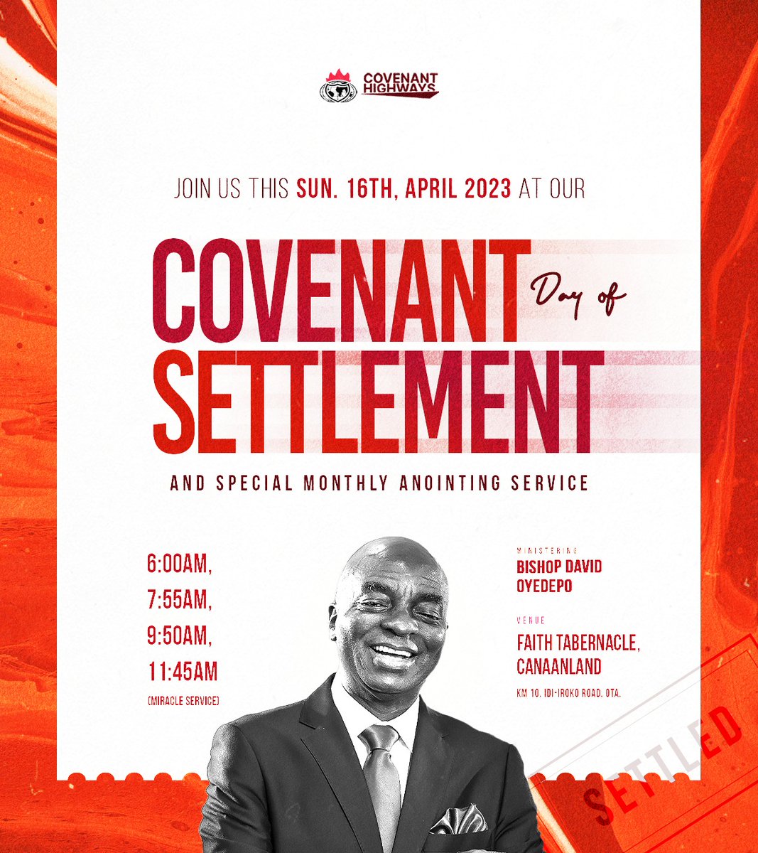 ft_canaanland's tweet photo. 1 Peter 5:10 KJV

God is set to settle all that concerns you this season.
Join us this Sunday for our Covenant Day of Settlement Service. 
Service time is as usual. 
See you there! https://t.co/6dFCzhKmHF