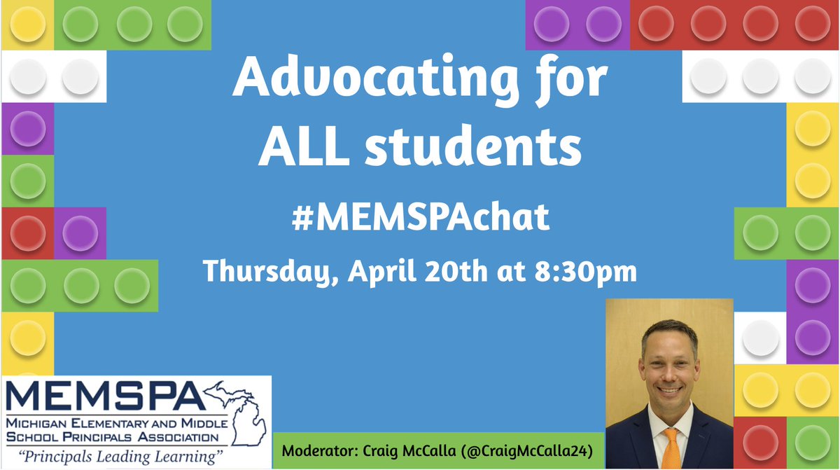 Join #MEMSPAChat as @CraigMcCalla24 moderates
Advocating for ALL Students. 
Thurs April 20 8pm EST

#educhateu
#educhat
#WarmDemanders
#innovatingPlay
#NT2T
#PD4UAndMe
#k12prchat 
@MPA_GOJAGUARS @JenniButtonUSA @me1odystacy 
@SteinbrinkLaura @specialtechie @esljaana 
@cheryltice