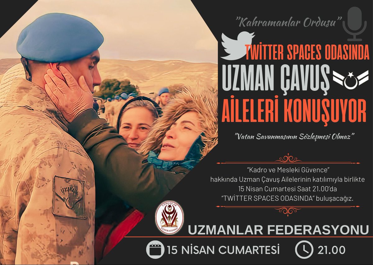Bugün (Cumartesi) Saat 21.00 da Twitter Space odamızda Uzman Çavuşların aileleri konuşacak
Tüm ailelerimizi bekleriz
Bakalım Anneler ne diyecekler,Babaların şikayetleri neler Yavruları tek başına büyüten eşler ne diyecek
Kahramanların çocuklarını dinleyelim.
#UzmanÇavuş
