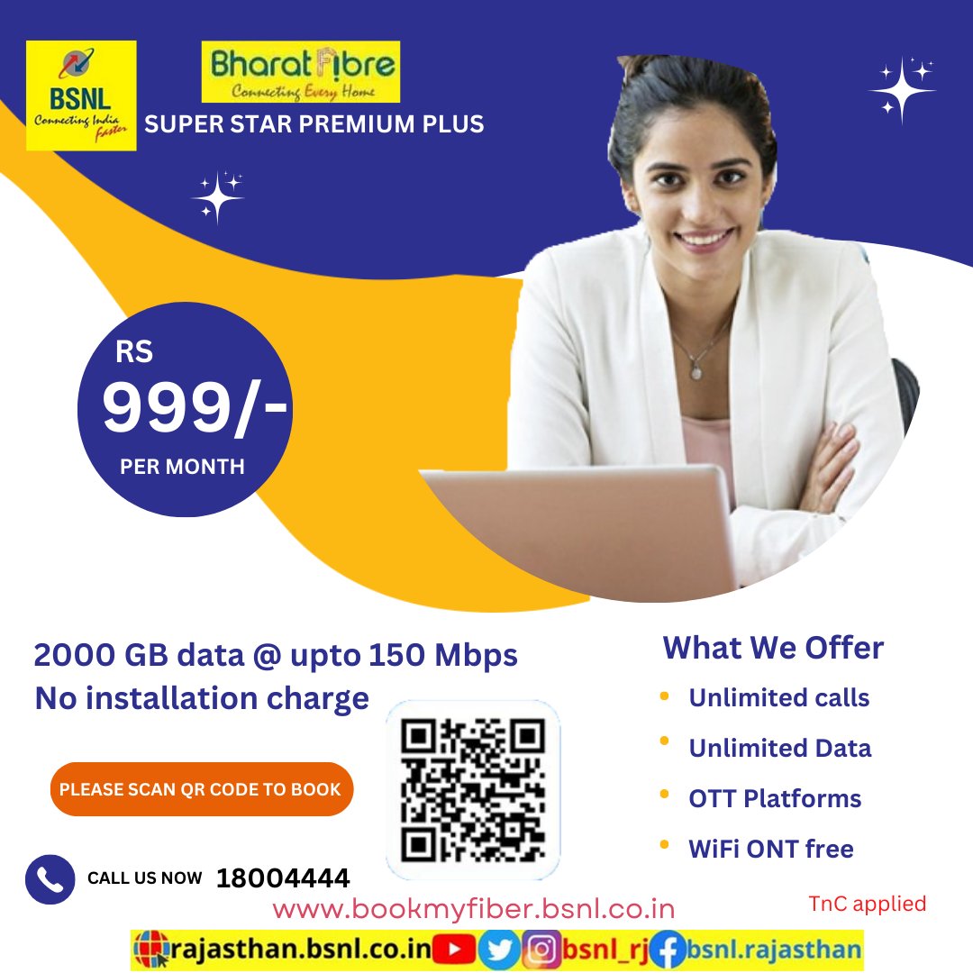 BSNL_RJ's tweet photo. #UnlimitedData, #UnlimitedCalling n popular #OTT platforms
Subscribe #BSNL #BharatFiber #SuperStarPremiumPlus
Book Now- https://t.co/6XKDPUqEsQ
#Internet4All #FamilyWiFi #WiFi #BSNLRJ_FTTH https://t.co/22Inns7g1O