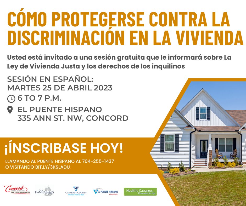 El Puente Hispano (@puentehispano) on Twitter photo El Puente Hispano is partnering with <a href="/CabarrusCounty/">Cabarrus County NC</a>, <a href="/ConcordNCgov/">City of Concord</a>, & <a href="/Kannapolis/">Kannapolis, NC</a> to host a free event in Spanish to educate residents on the Fair Housing Act and their rights as tenants or homebuyers on Tuesday, April 25 from 6 to 7:00 p.m. El Puente Hispano is partnering with <a href="/CabarrusCounty/">Cabarrus County NC</a>, <a href="/ConcordNCgov/">City of Concord</a>, & <a href="/Kannapolis/">Kannapolis, NC</a> to host a free event in Spanish to educate residents on the Fair Housing Act and their rights as tenants or homebuyers on Tuesday, April 25 from 6 to 7:00 p.m.