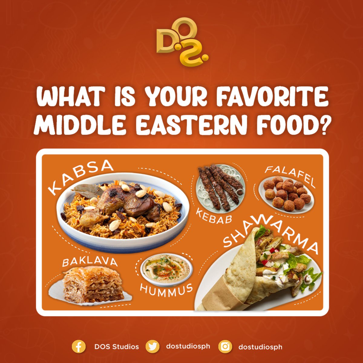 dostudiosph's tweet photo. Kumain na ba kayo 😎?
Hello KidDOS! Share niyo naman ano mga favorite Middle Eastern foods niyo 🥙! Tag them!
#Dos2dios💎 https://t.co/PXSPTauKEt