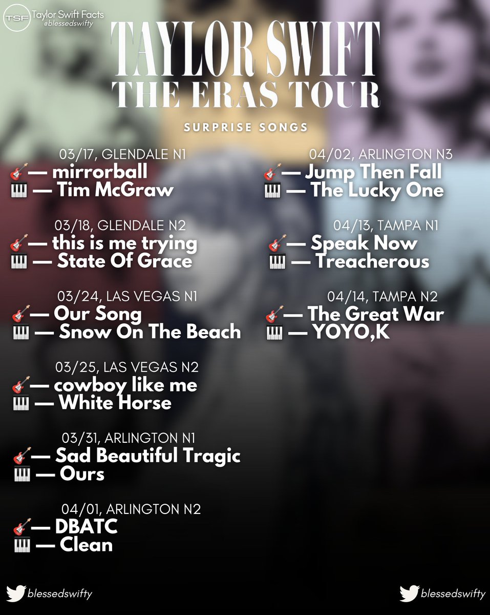 blessedswifty's tweet photo. The surprise songs for each night at #TSTheErasTour so far!

— Which date had the best surprise songs? https://t.co/3BSGnJGuFQ