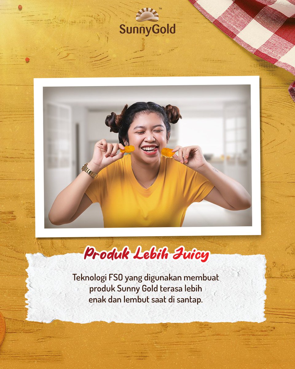 SunnyGoldID's tweet photo. Penasaran kenapa tiap makan Sunny Gold itu selalu lebih enak?๐
Ini loh Golden Friends faktanya!
Teknologi FSO yang digunakan saat produksi produk โ produk Sunny Gold bikin rasanya lebih enak, juicy, dan lebih sehat.
#SunnyGold #GoldenFriends #DoubleFso #GoldenTaste https://t.co/H66gzGe0nZ
