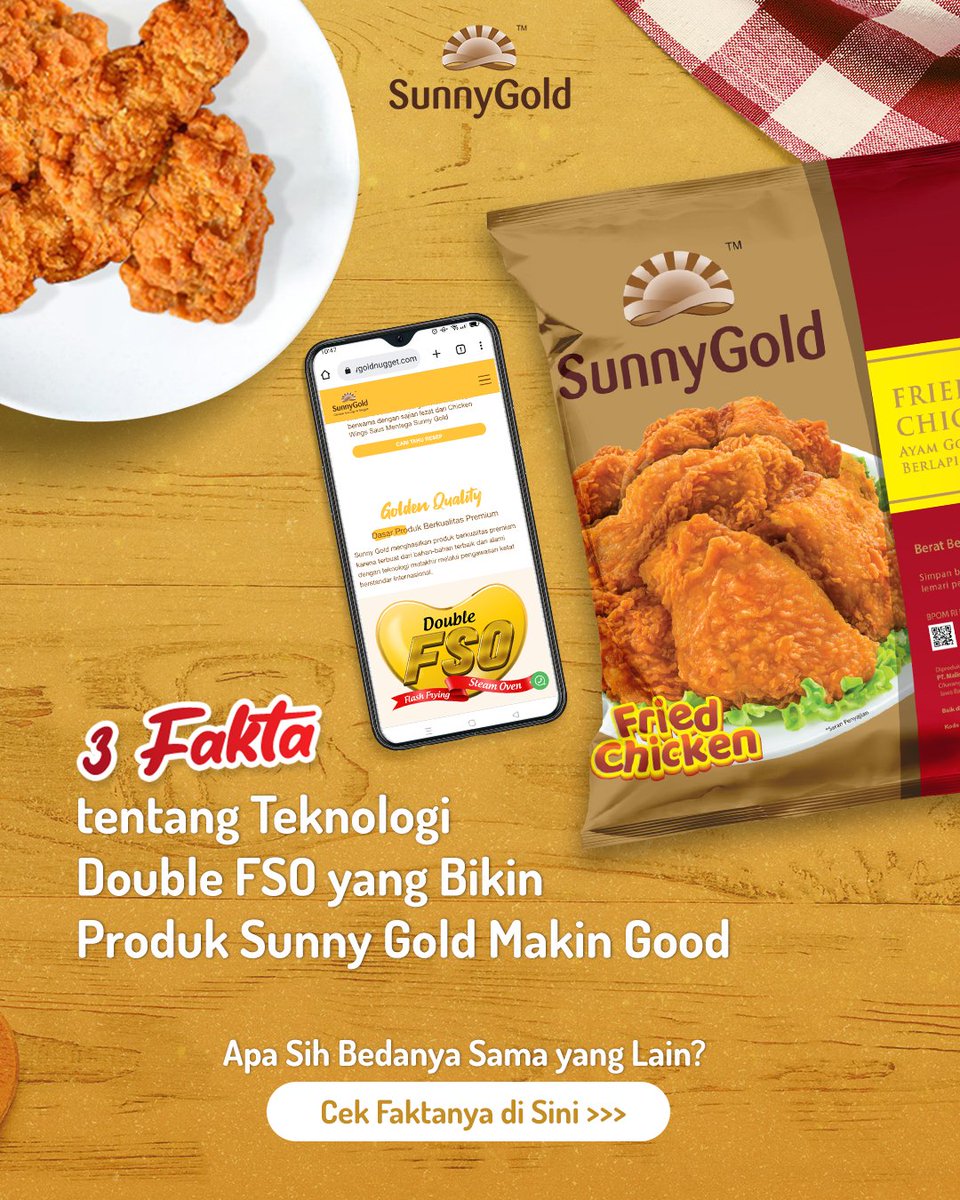 SunnyGoldID's tweet photo. Penasaran kenapa tiap makan Sunny Gold itu selalu lebih enak?๐
Ini loh Golden Friends faktanya!
Teknologi FSO yang digunakan saat produksi produk โ produk Sunny Gold bikin rasanya lebih enak, juicy, dan lebih sehat.
#SunnyGold #GoldenFriends #DoubleFso #GoldenTaste https://t.co/H66gzGe0nZ