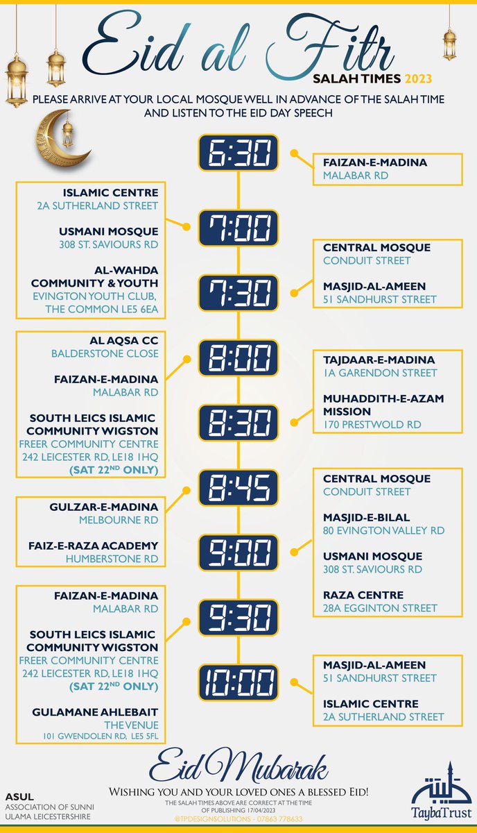 #EidAlFitr (1444 / 2023) Salaah times for #Leicester. #EidMubarak to all.