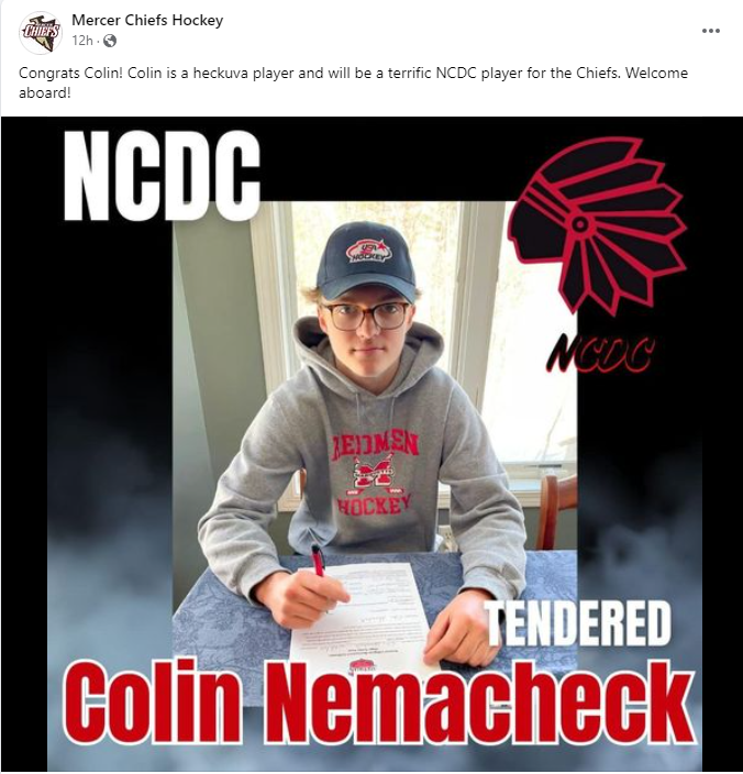 mqthshockey's tweet photo. Congratulations @ColinNemacheck on signing your tender with the @mercer_chiefs National Collegiate Development Conference Team! @SeanPBali @MichHSHockey @mihshockey_ @statechampsmich https://t.co/S6HH9YqkU8