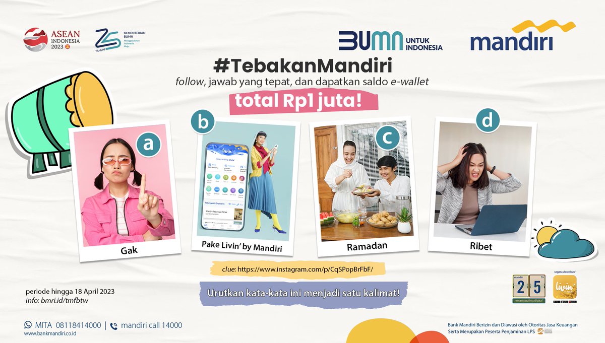bankmandiri's tweet photo. Ada e-wallet total Rp1 juta nih buat kamu! Cukup reply tweet ini dengan jawaban kamu plus hashtag #TebakanMandiri!

Periode s/d 18 April 2023. Info: https://t.co/UZerQnkhAU

#LivingaLivelyLife #KuisBerhadiah https://t.co/pPucQ3JIwg