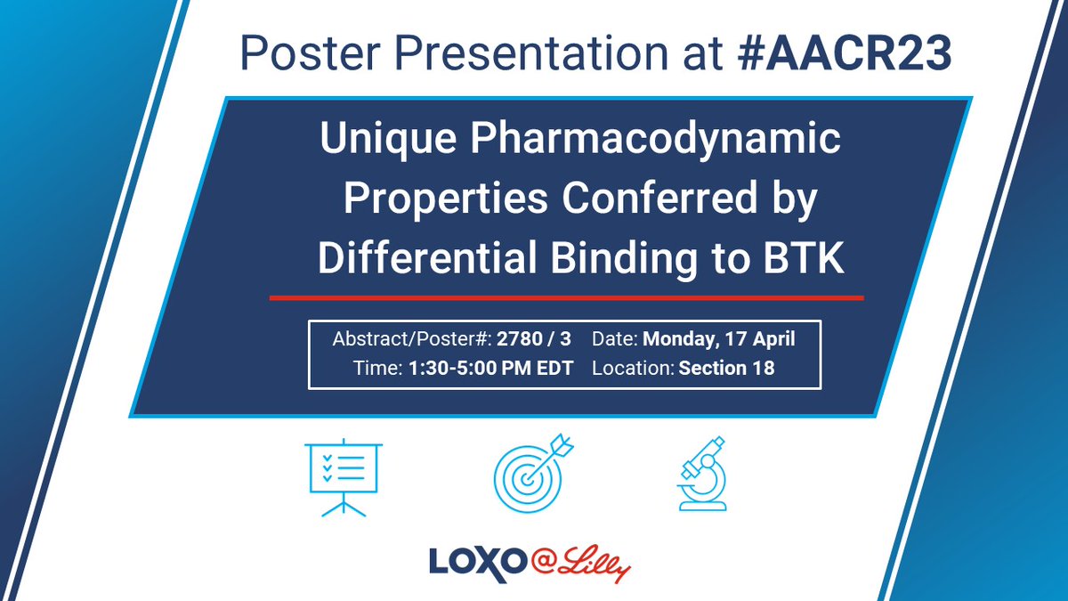 LillyOncMed's tweet photo. At #AACR23, check out our poster presentation exploring the unique pharmacodynamic properties conferred by differential binding to BTK between covalent BTK inhibitors &amp; a non-covalent BTK inhibitor. #leusm #lymsm

View the poster details here: https://t.co/3ab2KlA01s https://t.co/ruim9V0f0s
