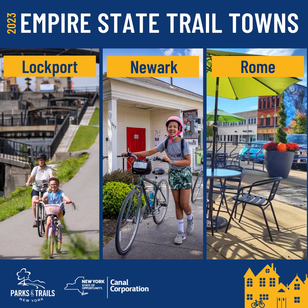 Please join us in welcoming the Lockport, Newark, and Rome into the Empire State Trail Town program, sponsored by <a href="/NYSCanalCorp/">NYS Canal Corp.</a> 🎉

These communities are committed to embracing the trail and enhancing the trail user experience 💯

Learn about the program: ptny.org/estt