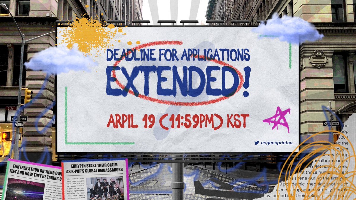 engeneprintco's tweet photo. Racing against the clock? Need the weekend to catch up? We heard you! 

Deadline for applications for ENGENE PRINT are extended until April 19, 11:59PM KST. 

We hope to see more of your creativity and passion take ENHYPEN to greater heights 🌄 https://t.co/JcOFgCW7bv