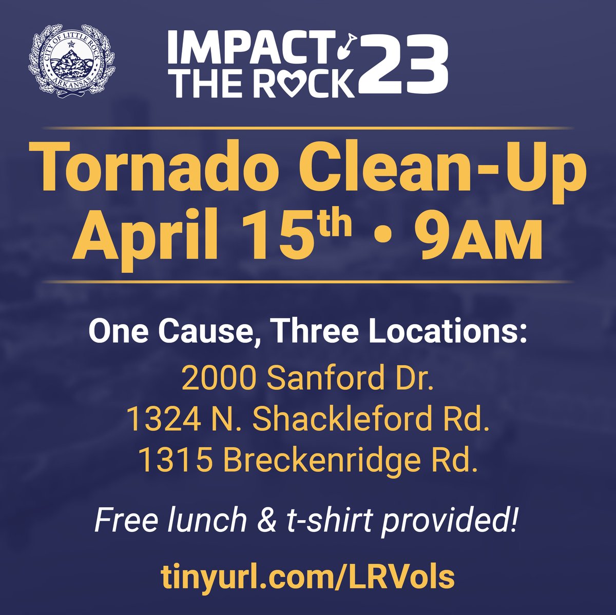 CityLittleRock's tweet photo. Kick off National Volunteer Week with #ImpactTheRock TODAY, April 15, 9 AM - 11 AM by #volunteering in one of three neighborhoods impacted by the tornado. We need volunteers with trucks to move debris to the Reservoir drop-off site.
[1/2] https://t.co/2aCaZZmZP5