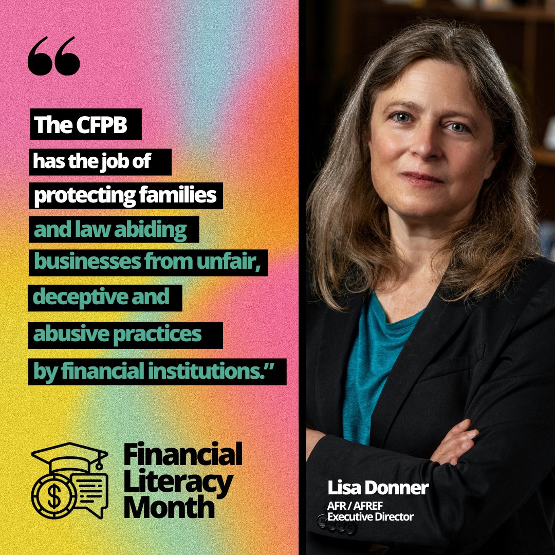 RealBankReform's tweet photo. .@lisa_donner explains why @CFPB is essential: “The CFPB has the job of protecting families and law abiding businesses from unfair, deceptive and abusive practices by financial institutions” #ProtectConsumers #DefendTheCFPB
https://t.co/OQgNv5T7VO https://t.co/YyNxucpS8G