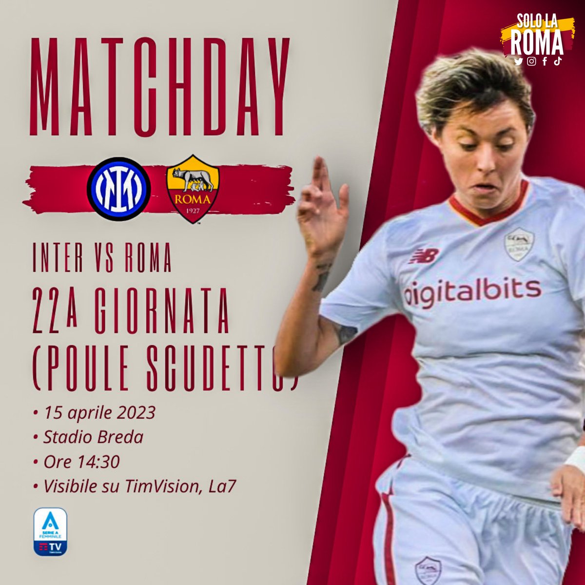 sololaromait's tweet photo. MATCHDAY! 🟡🔴⚪️
• Inter vs Roma
• Serie A Femminile, 22ª giornata (Poule Scudetto)
• 15 aprile 2023
• Stadio Breda
• Ore 14:30
• Visibile su La7, TimVision

#ASRoma #ASRomaFemminile #SerieAFemminile #InterRoma https://t.co/QShjnMXJc4