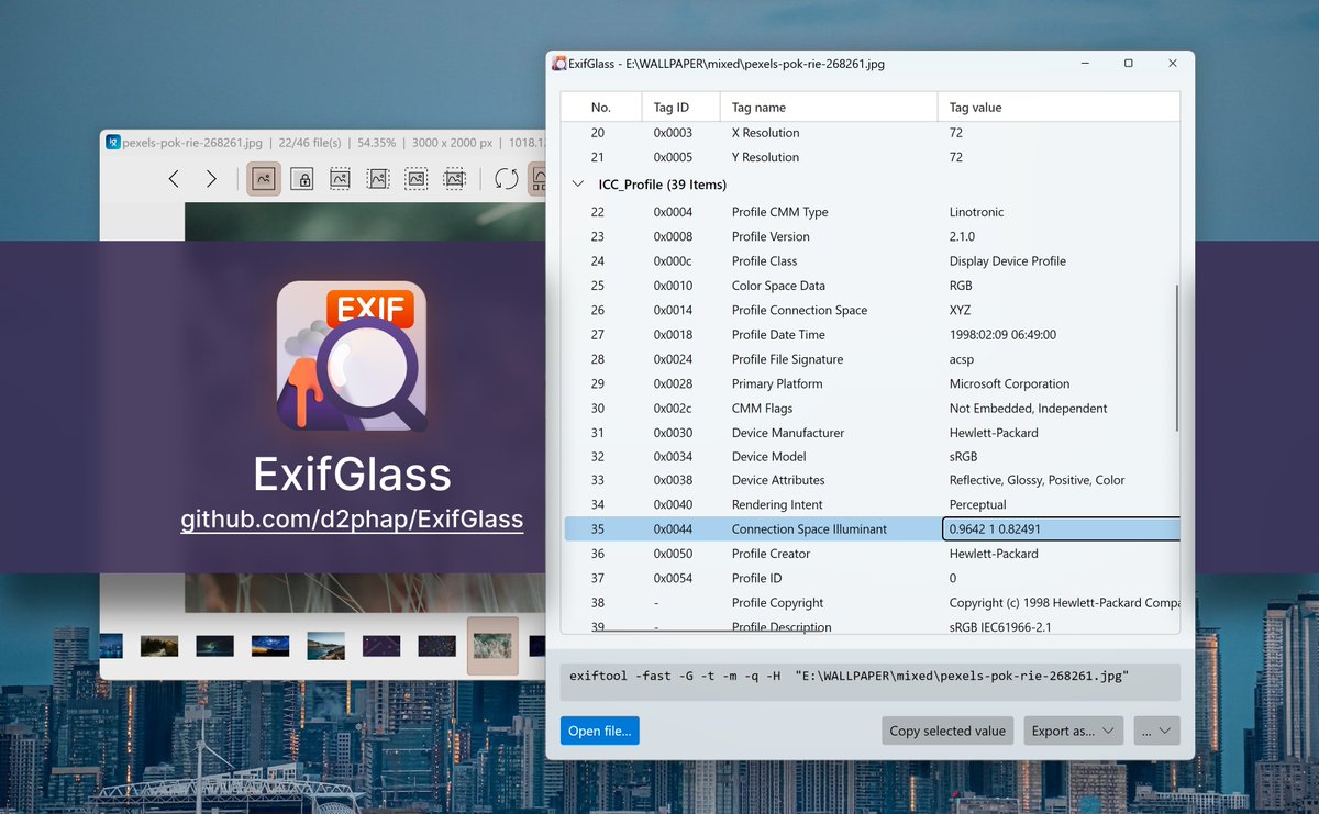 duongdieuphap's tweet photo. Just launched my first @AvaloniaUI app: #ExifGlass, a tool for viewing EXIF metadata!  🚀🎉
https://t.co/TvnTvbPBRl

Originally part of #ImageGlass, I decided to give it its own independent development. The transition to AvaloniaUI was smooth, and the app is now faster! #dotnet https://t.co/JCtgRLCwSF