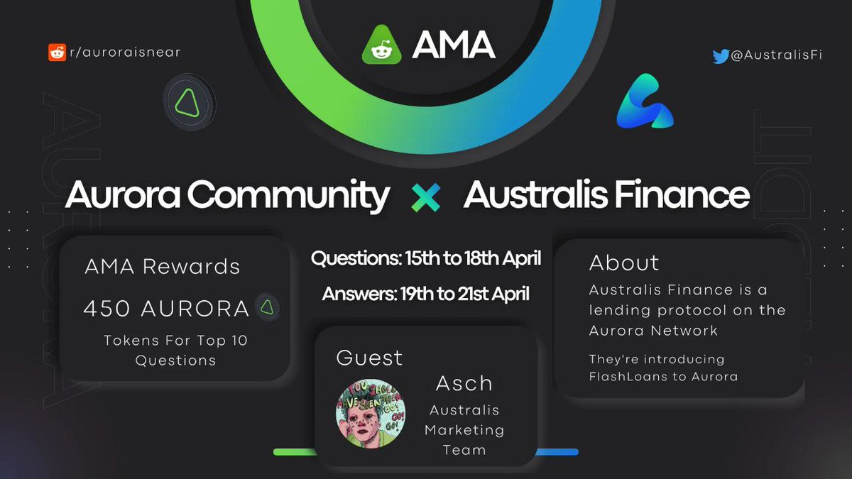 AustralisFi's tweet photo. 📣  Aurora Reddit Community x Australis Finance AMA is here!

👀 Australis Finance is a lending protocol on the Aurora Network, introducing Flash Loans to the Aurora ecosystem.

👇Links https://t.co/5eoE4FITXF