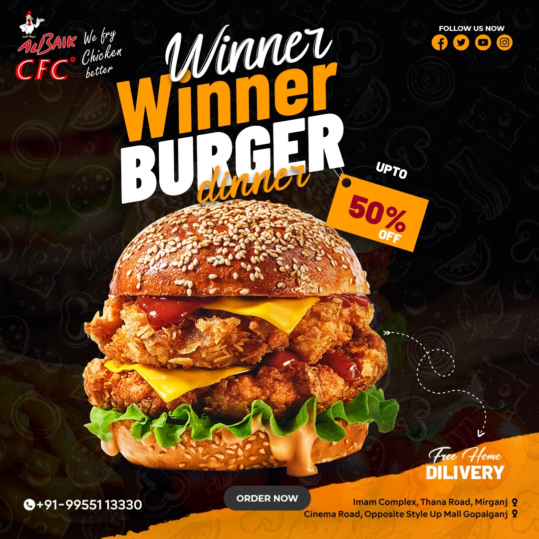 AlBaikCFC's tweet photo. 𝗕𝗨𝗥𝗚𝗘𝗥
The humongous BURGER you won't be able to resist, with a 50% discount! Taste the #Delicious_food from the best restaurant in #Gopalganj at the best price.
For Any Query:
☎️Call: +91-9955113330
🌎Address: Cinema Road, Opposite style Up Mall, Gopalganj https://t.co/xndfIQy61d