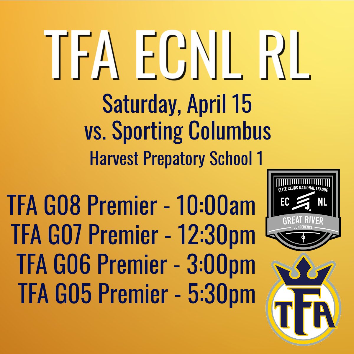 TFA_Cincinnati's tweet photo. Good Luck to our ECNL Great River teams in their matches today!

#TFAG05Premier, #TFAG06Premier, #TFAG07Premier, and #TFAG08Premier play Sporting Columbus at Harvest Prepatory School.

#TFAG09Premier and #TFAG10Premier play GTFC Impact at the Rossford Soccer Center Dome. https://t.co/eb1J8R2fgc