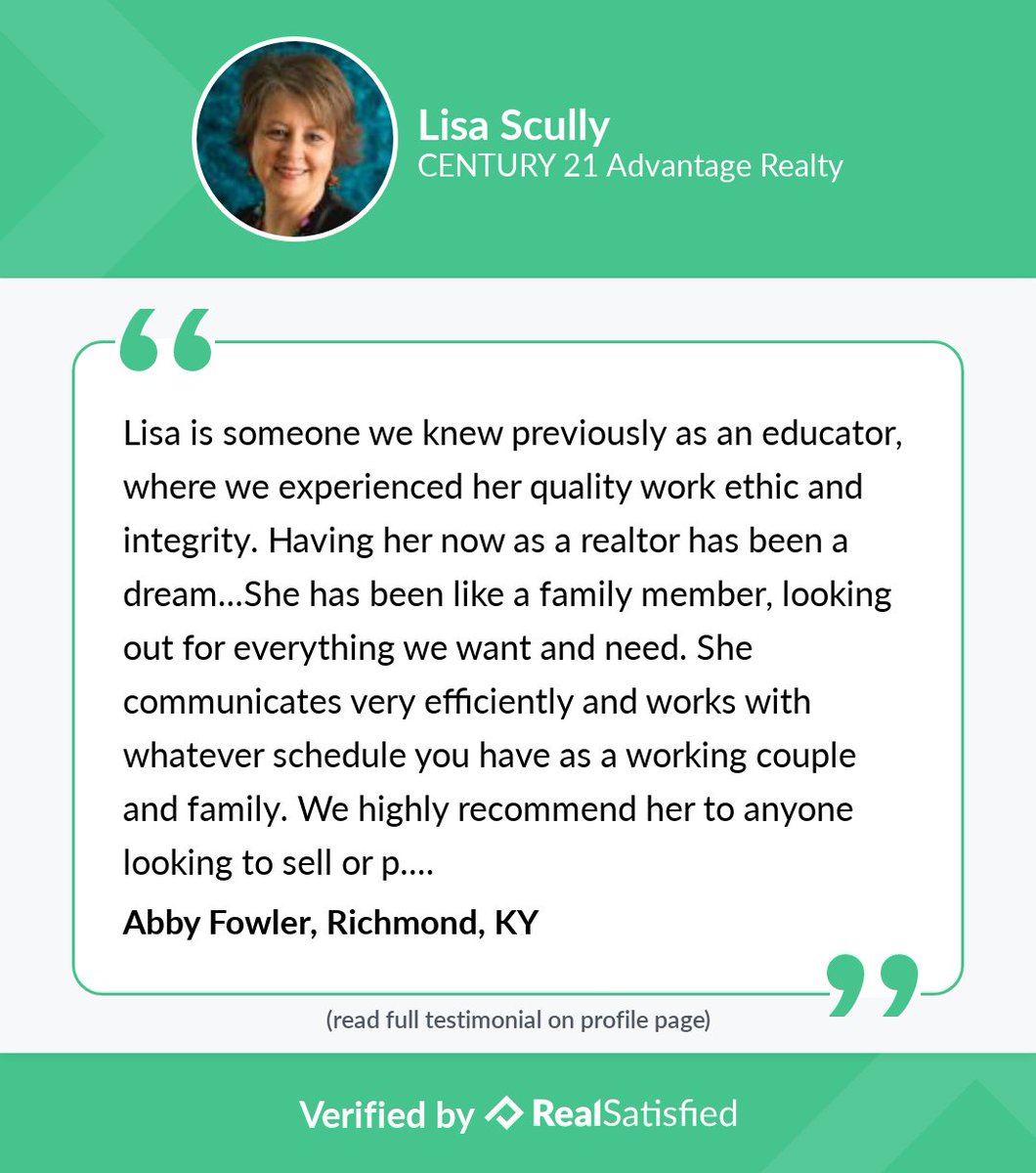 lisakscully's tweet photo. I’m truly honored to have helped this client. https://t.co/eWx1FTJmUO via @realsatisfied https://t.co/LNVX8rcSdd