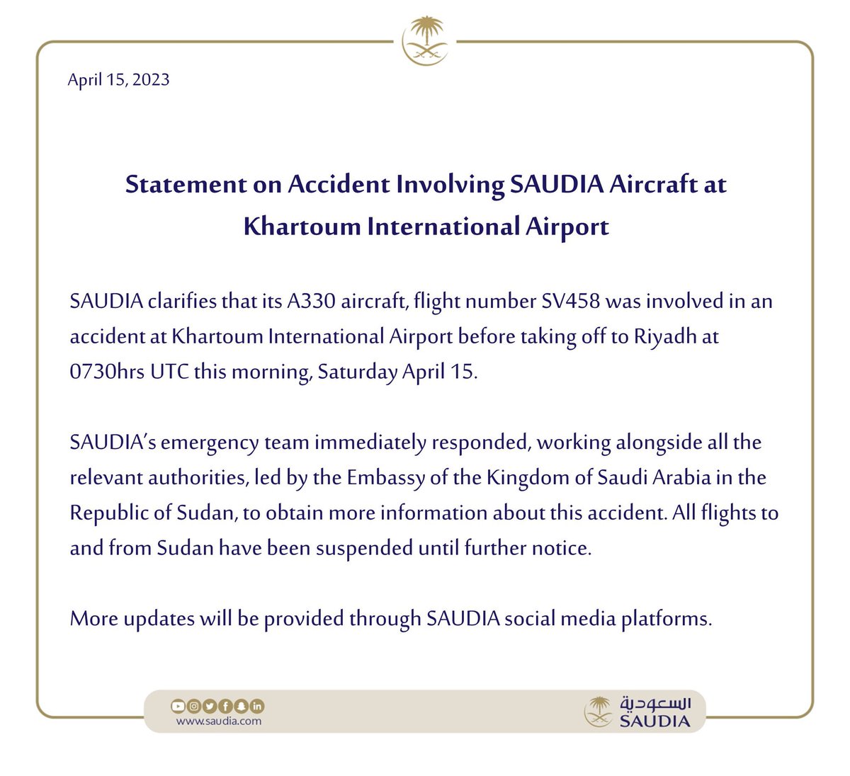 airplusnews's tweet photo. 🔴 Confirmation officielle de Saudia concernant l’attaque et l’incendie d’un de ses Airbus A330-300 ce matin à Khartoum. 

⚠️ Suspension immédiate des vols vers le Soudan. https://t.co/hb0iP9FXHf