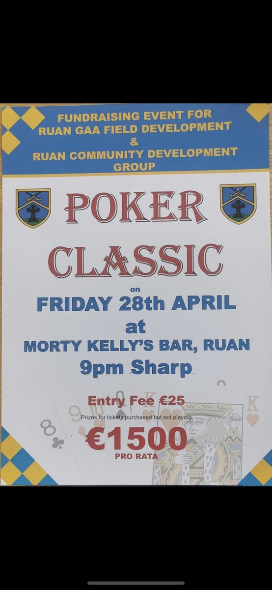 RobinMounsey2's tweet photo. Join us for a night of poker to benefit Ruan GAA Field Development and Ruan Community Development Group. Your participation will help raise funds for important community initiatives. All are welcome, regardless of experience!
@RuanGaa https://t.co/0I0EJyK46C