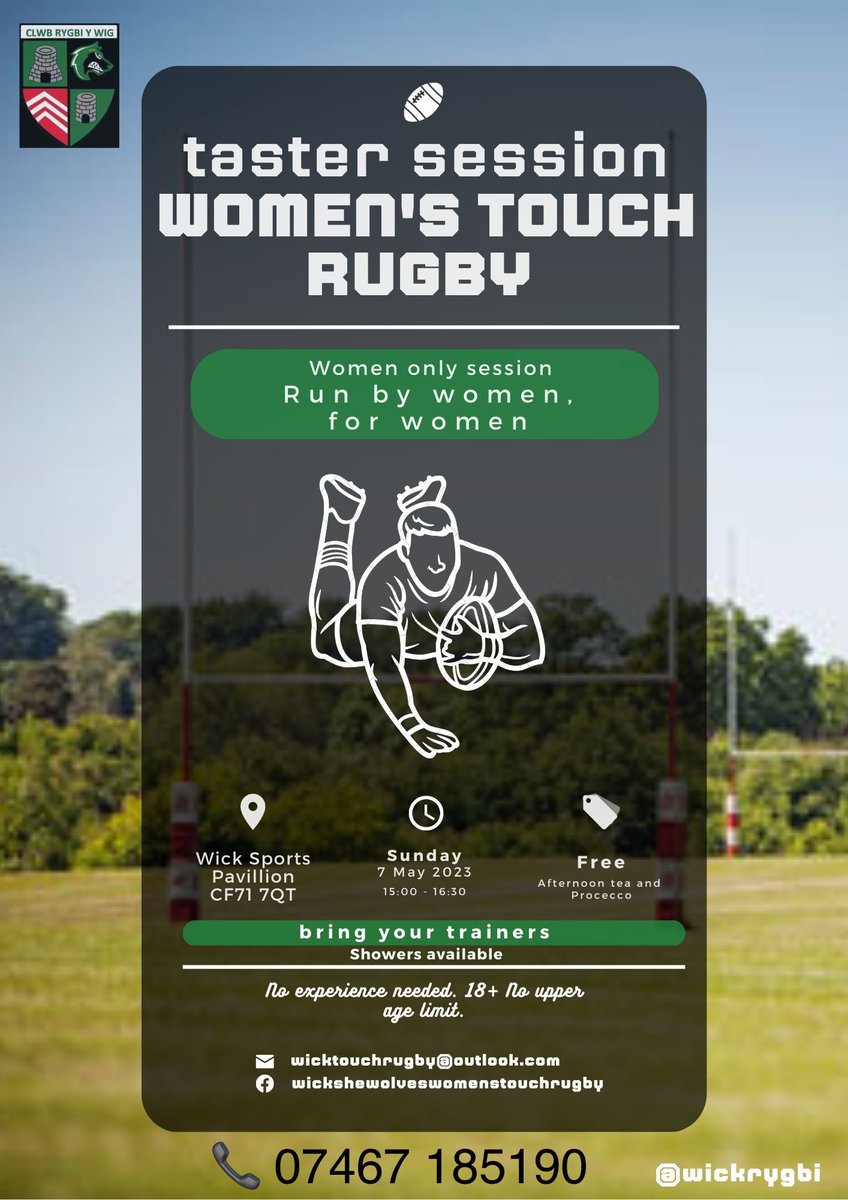 WhatsApp for details: 07467185190
🏉🏉🏉🏉🏉🏉🏉🏉🏉🏉🏉🏉
Women’s touch rugby taster session!
🐺🐺🐺🐺🐺🐺🐺🐺🐺🐺🐺🐺
#valeofglamorgan #bridgend #touchrugby #cymru #rygbicyffwrdd #bromorgannwg 

#womensrugby #WALvENG #wales