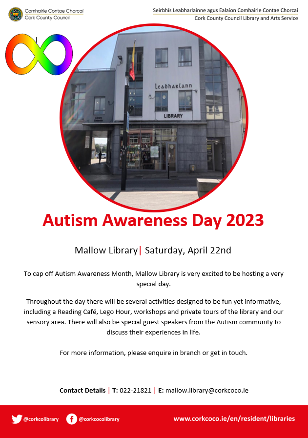 corkcolibrary's tweet photo. #Mallow Library is hosting a special day in celebration of Autism Awareness Month on Saturday 22nd April. Join in with our Reading Café or autism-friendly Lego Hour for the kids amongst other events. #AutismAwarenessMonth #SameChance #AutismAwareness https://t.co/5dl4duaTI6
