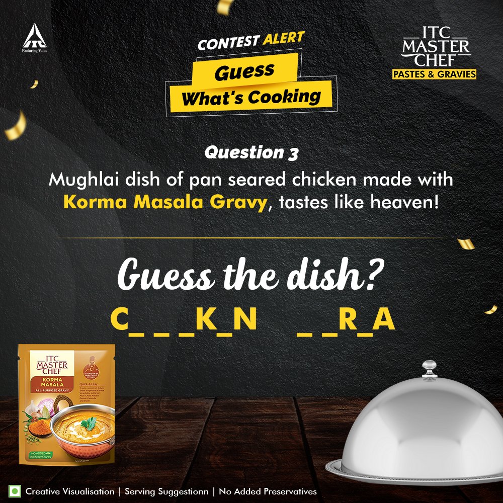 #contestalert🚨 Last Question for the contest is out! Guess The Dish: Mughlai dish of pan seared chicken made with Korma Masala Gravy, tastes like heaven! Leave your answer in the comments. 1) Make sure to follow us 2) Tag 2 of your friends  3) And use #ITCMasterChef