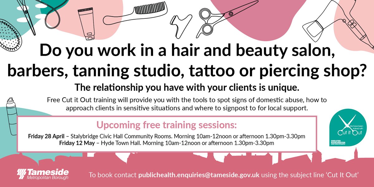 ✂️Cut it Out training domestic abuse awareness training can help you support your clients. 

Learn how to:

➡️Spot the signs of domestic abuse.
➡️Approach sensitive situations. 
➡️Signpost to local support.

Upcoming training sessions and how to book 👇🏼

#CutItOutTameside