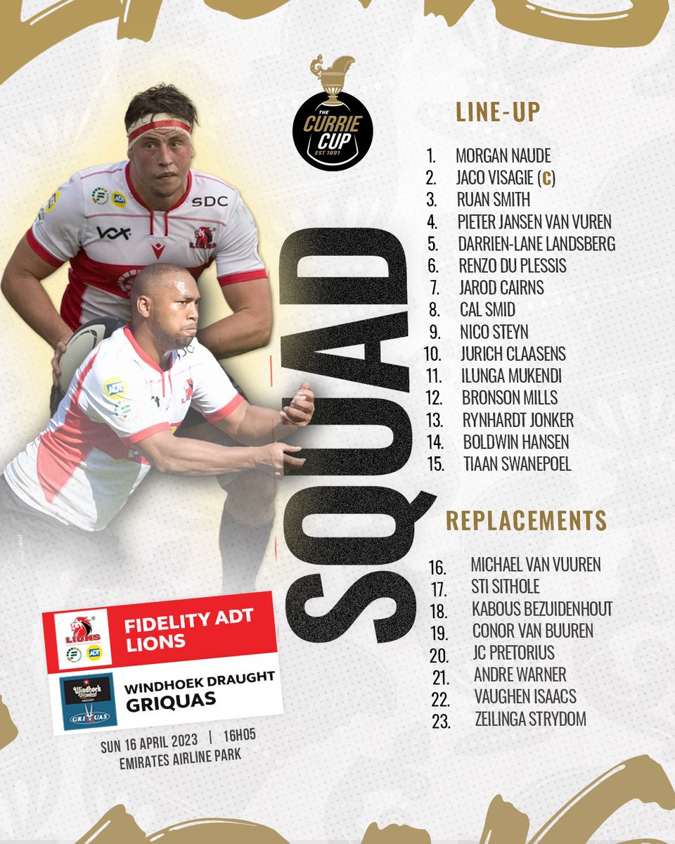 LionsRugbyCo's tweet photo. Weekends are for rugby. Fidelity ADT Lions aiming to bounce back against the Windhoek Draught Griquas. It's all happening at Emirates Airline Park.

🆚 @GriquasRugby
🏆: Currie Cup
🗓: Sunday, 16 April
⏰: 16:05
🎟️: https://t.co/VBuirskeMX
🏟: Emirates Airline Park

#LionsPride🦁 https://t.co/MKY7NO5DAq