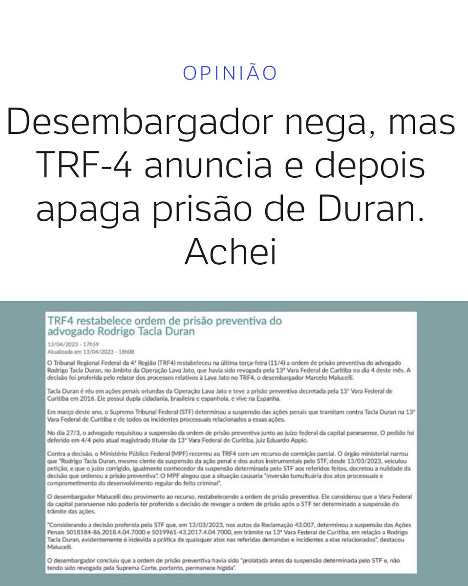 spinosa1632's tweet photo. “O desembargador q é pai do sócio do imoral Sérgio Moro, q desrespeitou o STF mandando prender o advogado TACLA DURAN (acusou Moro de extorsão) - agora nega q tenha expedido mandado de prisão. MAS ELE ESTÁ MENTINDO. Ou a justiça corta na carne ou esse país vai virar uma zona.” https://t.co/EuURhrxQfh