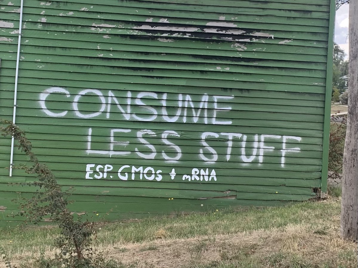 graffiterati's tweet image. #consumelessstuff #consume #consumeless #gmo #gmofree #mrna #graffiti #slogangraffiti #daylesford @graffiterati @sevenbreaths