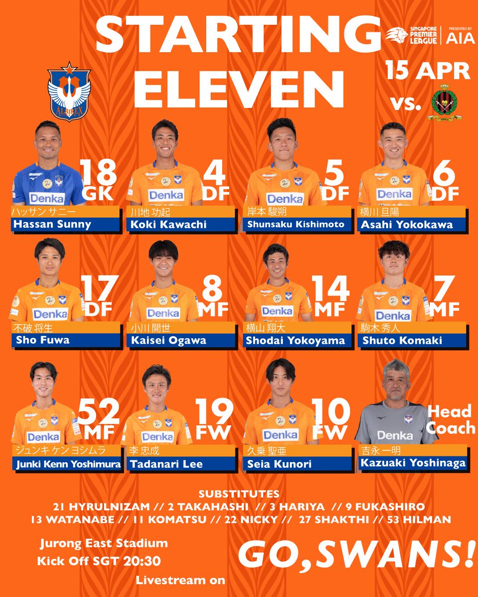 TeamSinga's tweet photo. 👥✅ Alineaciones confirmadas para el partido entre Albirex Niigata (S)🦢 y el DPMM FC🐝, por la jornada 9 de la #SGPremierLeague 2023

📲 EN VIVO por el canal oficial de YouTube de la liga. Además, pueden seguir nuestro "Minuto a Minuto" en este hilo. https://t.co/kJTn05FvCL