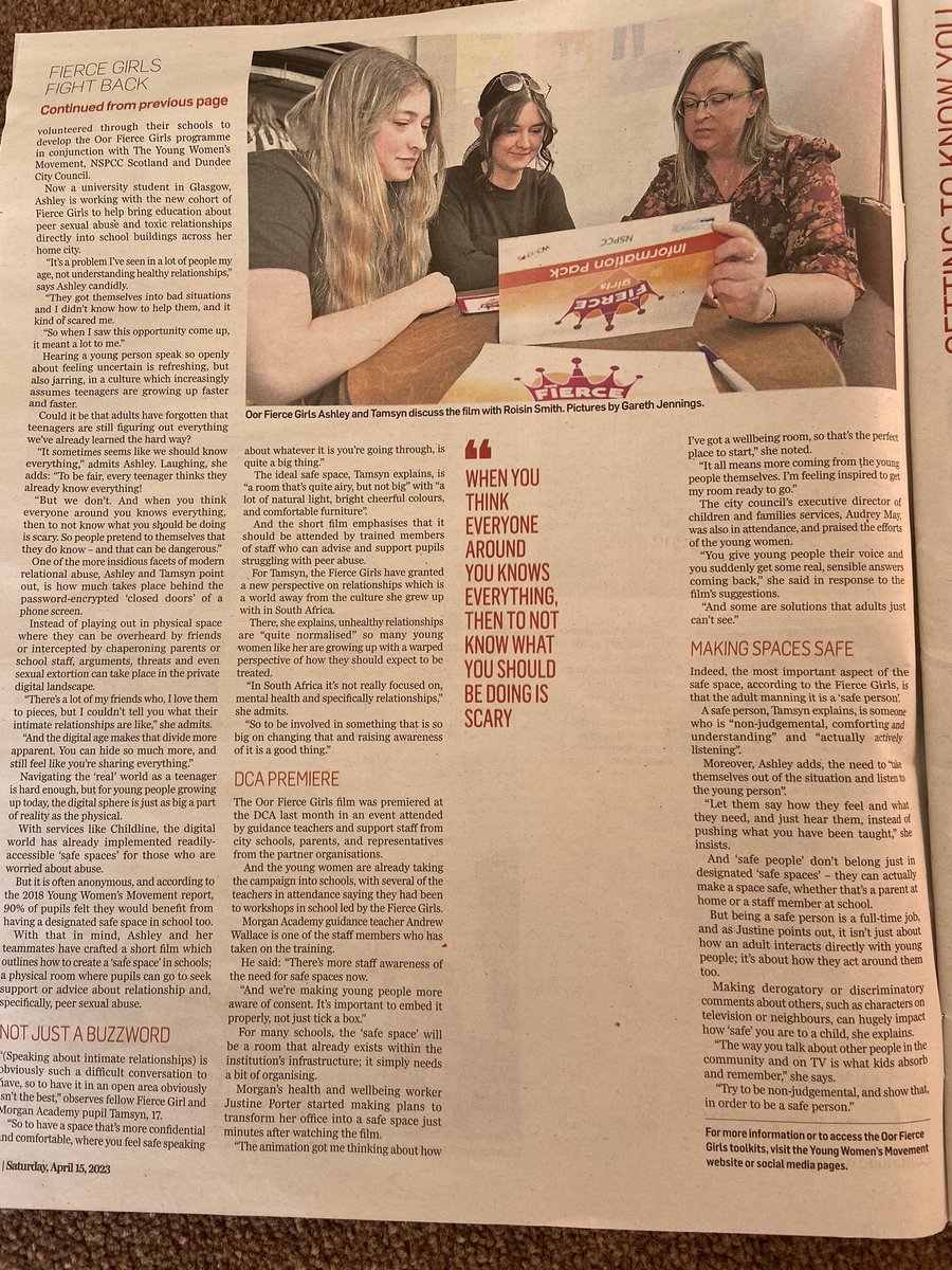 DundeeHWB1's tweet photo. Thank you @rebeccabaird_ for your support with our #OorFierceGirls campaign. So proud of our girls &amp; the work they do. 
Looking forward to sharing the work with our young men next month too! #MENdingMindsets https://t.co/BtiBQWqEAS