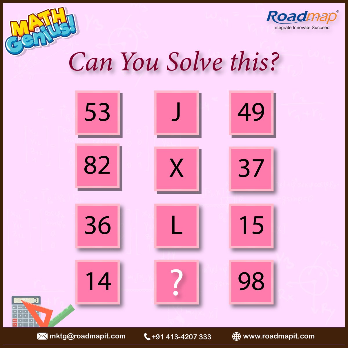 Are you ready for the challenge ??
Only mastermind can solve this within 30 secs.
Tag a friend who enjoys the challenge. Post your answer in the comment section.

#puzzleoftheday #mathspuzzle #puzzle  #brainexercise #mathschallenge #saturdaypuzzle #mathsfun #mathsquizzes