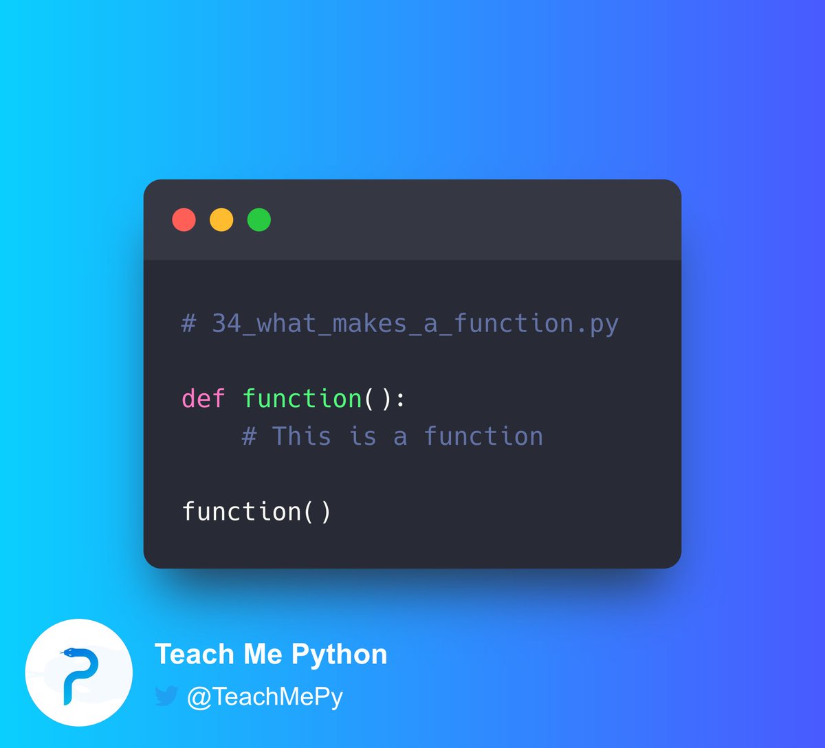 driscollis's tweet photo. #Python Pop Quiz 🐍❓

What's wrong with this minimal function?

A) Functions don't need parentheses!
B) You need a docstring, not a comment
C) You need a statement/expression in the function body
D) B or C
E) None of the above https://t.co/mTOQ59qGxc