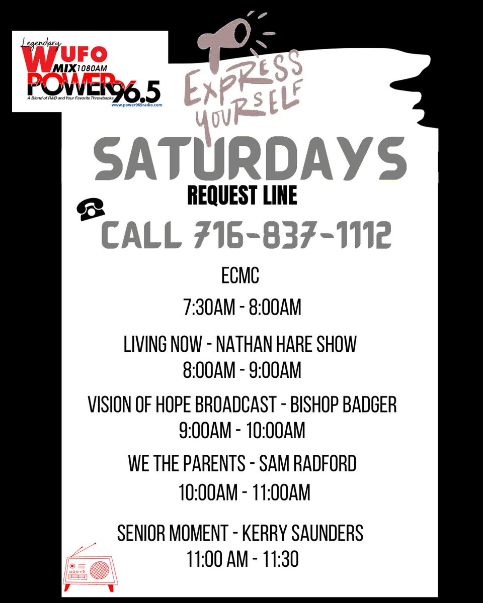 Join the conversation!
 Express Yourself Saturday!
The phone lines are open 716-837-1112. 
Tune in at power965radio.com
#wufo #power965wny #mix1080 #legendary #voiceofthecommunity #expressyourselfsaturday #wufowinningseason #blackradio #urbanstation #blackurbanstation