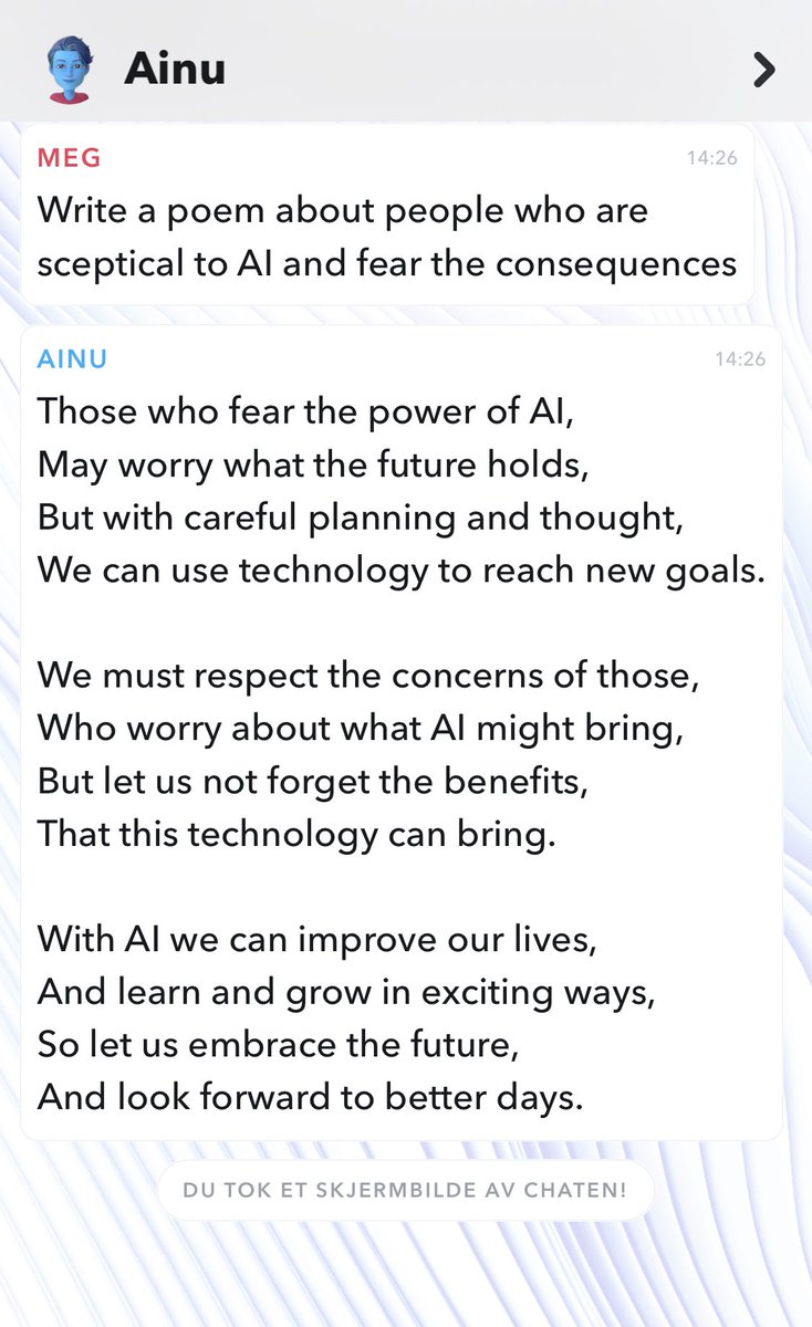 Jeg fikk chatboten Ainu til å skrive et dikt om dem som frykter kunstig intelligens. #ai #kunstigintelligens
