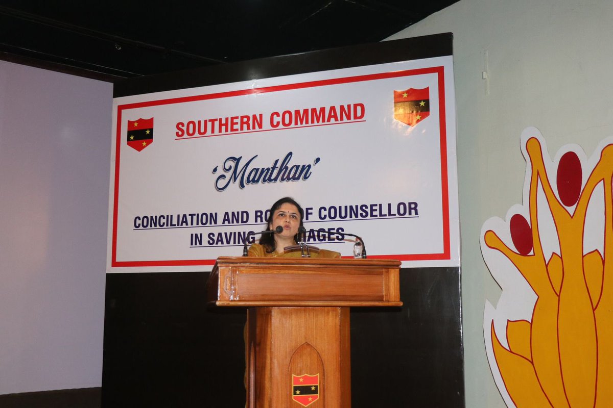 PRODefPune's tweet photo. To promote happy marital life, A Seminar on conciliation & role of counsellor in #SavingMarriages was conducted for troops & families of #SouthernCommand. Eminent relationship counsellors Dr Aruna Kulkarni & Mrs Vrishali Vaidya delivered talk on aspects of conciliation
#WeCare https://t.co/gJ9HVrag8Q