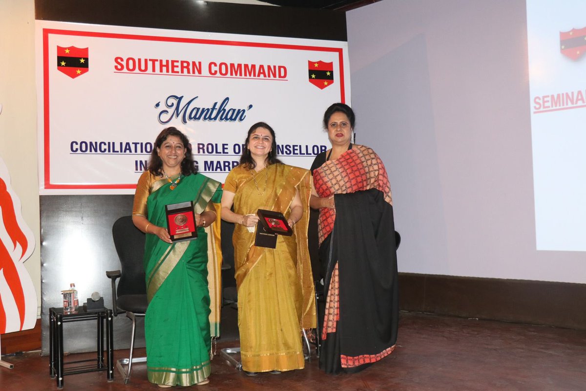 PRODefPune's tweet photo. To promote happy marital life, A Seminar on conciliation & role of counsellor in #SavingMarriages was conducted for troops & families of #SouthernCommand. Eminent relationship counsellors Dr Aruna Kulkarni & Mrs Vrishali Vaidya delivered talk on aspects of conciliation
#WeCare https://t.co/gJ9HVrag8Q