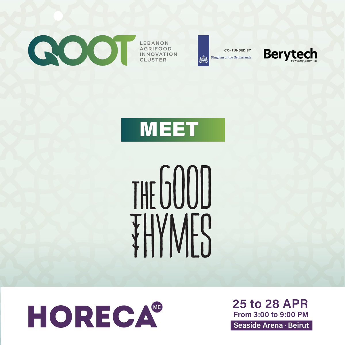 Discover the innovative products of The Good Thymes, member of the QOOT cluster showcasing at the #HORECA exhibition. 
Check out QOOT’s booth on April 25 – 28 from 3 to 9 pm at the Seaside Arena, Beirut.

qoot.org/qoot-cluster-s…

@horecashow #HORECALebanon #QOOTinHORECA