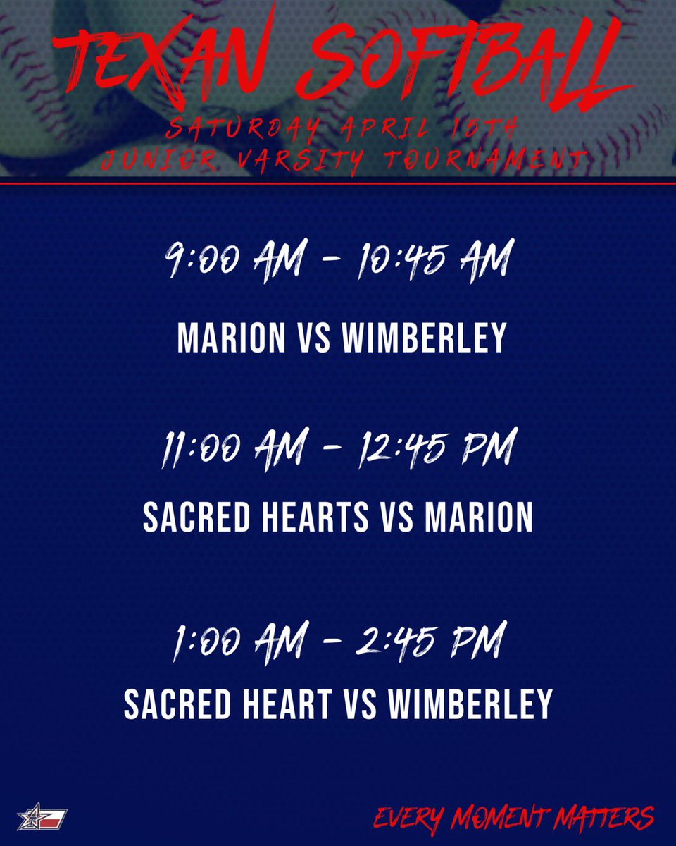 Come out to the balllpark and support our JV today, as they take on Marion and Sacred Heart!!
TEXAN PRIDE!
TEXAN SOFTBALL.…Every Moment Matters