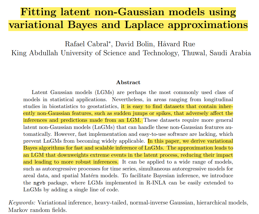 bayescomp_inla's tweet photo. Fitting more robust latent non-Gaussian models using  R-INLA by @Rafael_M_Cabral  @jdavidbolin  @HavardRue1 

More at: https://t.co/NASowboWMu

tutorial at  : https://t.co/dTCUD1Xtyh https://t.co/XFN692YvqP