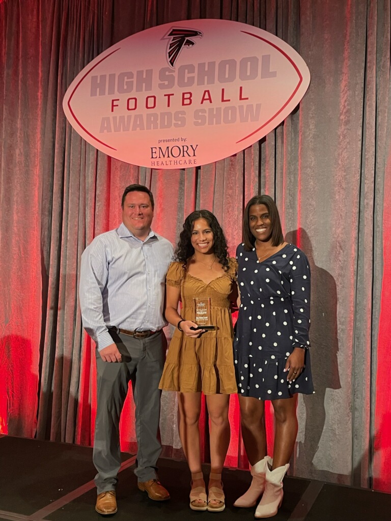 HoochGirlsFlag's tweet photo. What a STUDENT!  What an ATHLETE!  What a PERSON!  @AtlantaFalcons put on a 1st class event for these student-athletes.  So happy to be included in a special day for @Jmurraschott.  1 of 4 female nominees in GA for the Trailblazer award.  @ClemsonUniv is getting a good one! https://t.co/lTP1o5EP6m