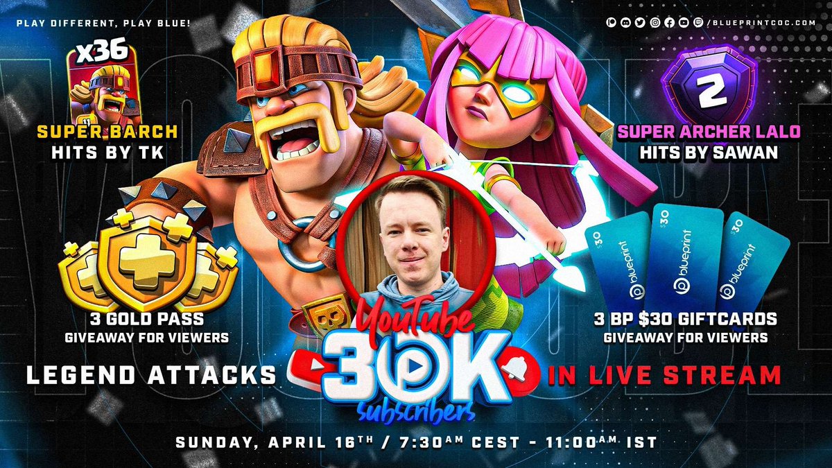 We're celebrating 30K subscribers on YouTube with a live event this Sunday! 🥳

We'll be giving away Gift Cards &amp; Gold Passes to thank you for your support💙

▶️ 16th APRIL - 7:30 AM CEST

Join us for spectacular Super Barbarians &amp; Super Archer Lalo hits! 🤩

#30KSubs | #ClashOn